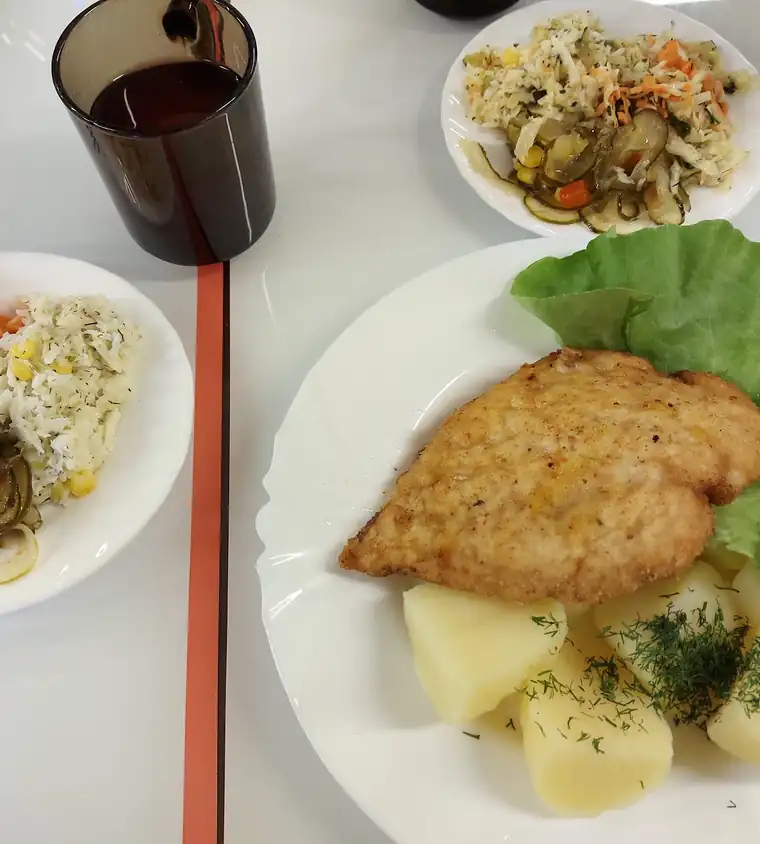 Kotlet schabowy z ziemniakami i surówkami na białym talerzu